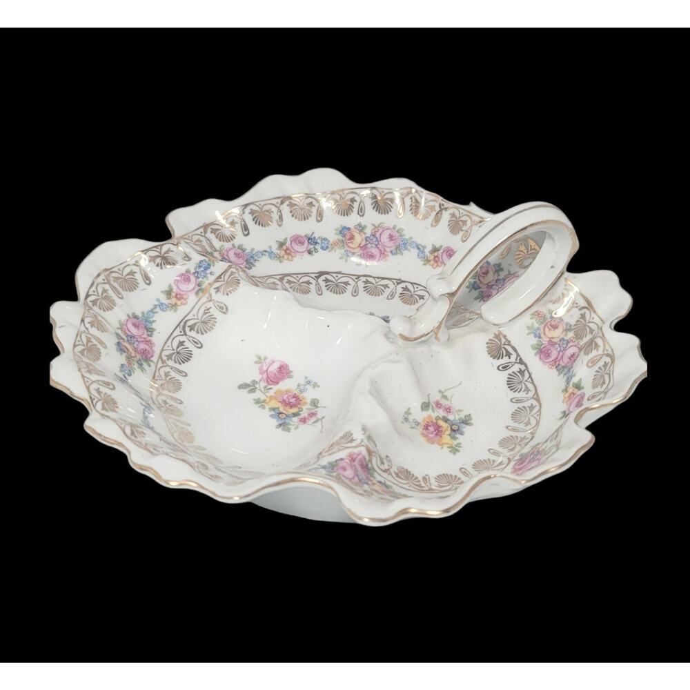 Vintage VICTORIA Czechoslovakia Porcelain Floral Divided Dish Finger Loop Handle